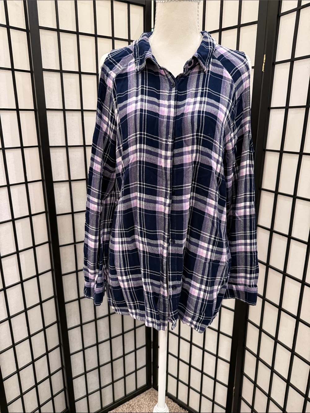 Classic Plaid Button-Up Shirt - Navy & Lavender